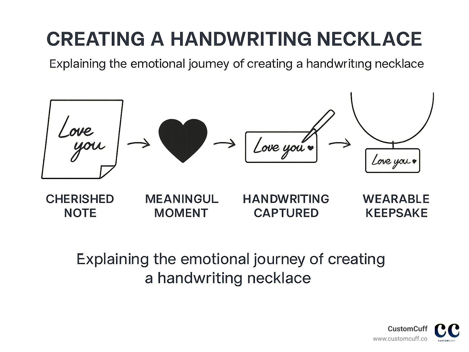 Infographic explaining the emotional journey of creating a handwriting necklace, from a cherished note to a wearable keepsake. - handwriting on a necklace infographic Infographic explaining the emotional journey of creating a handwriting necklace, from a cherished note to a wearable keepsake. - handwriting on a necklace infographic