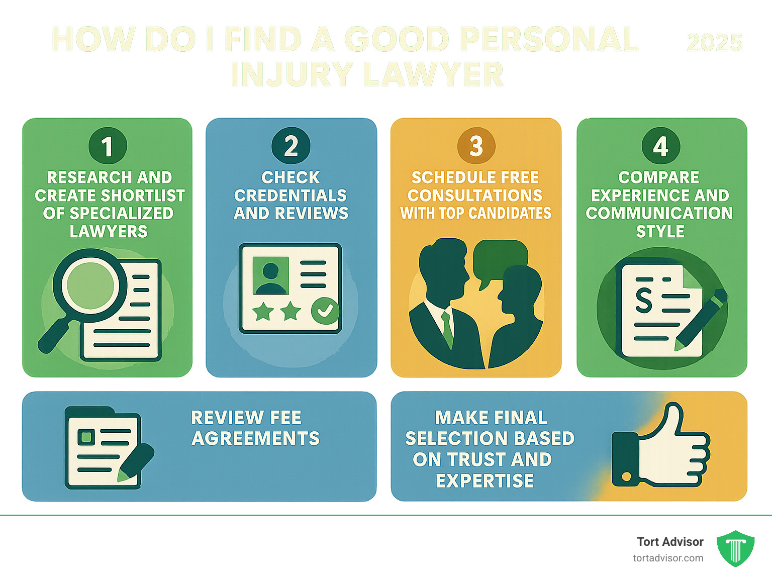 Step-by-step infographic showing the personal injury lawyer selection process: 1) Research and create shortlist of specialized lawyers, 2) Check credentials and reviews, 3) Schedule free consultations with top candidates, 4) Compare experience and communication style, 5) Review fee agreements, 6) Make final selection based on trust and expertise - how do i find a good personal injury lawyer infographic 