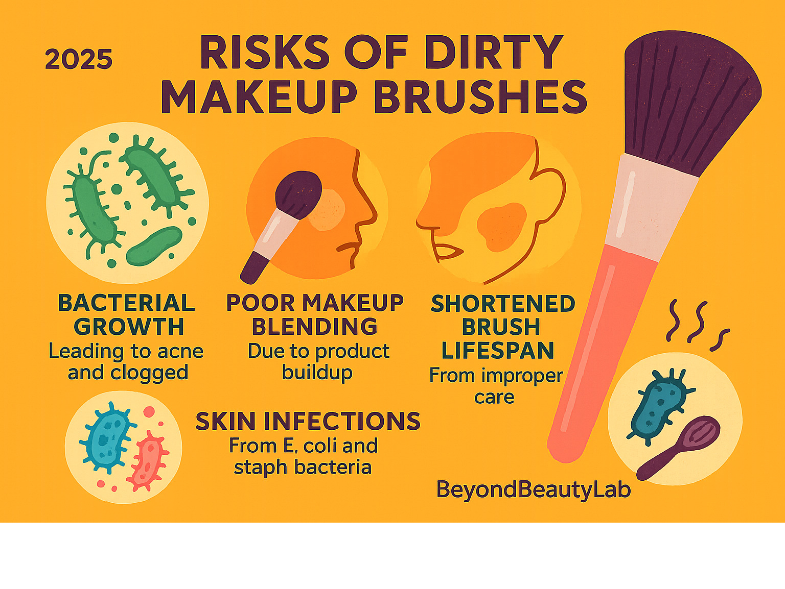 Infographic showing the risks of dirty makeup brushes including bacterial growth leading to acne and clogged pores, poor makeup blending due to product buildup, skin infections from E. coli and staph bacteria, and shortened brush lifespan from improper care - clean makeup brushes infographic 