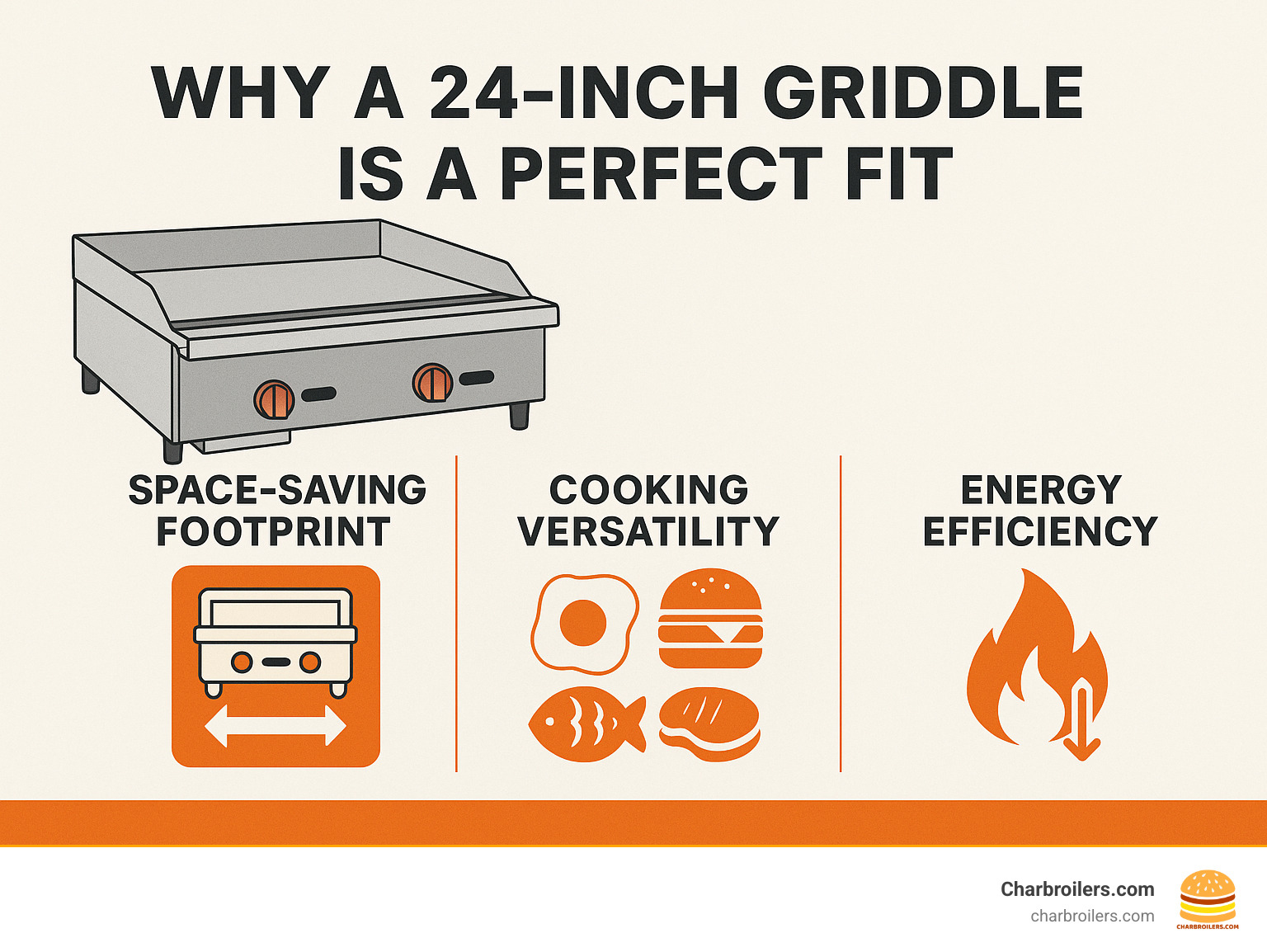 Infographic explaining the key benefits of a 24-inch griddle: space-saving footprint, cooking versatility, and energy efficiency. - 24 inch commercial griddle infographic 