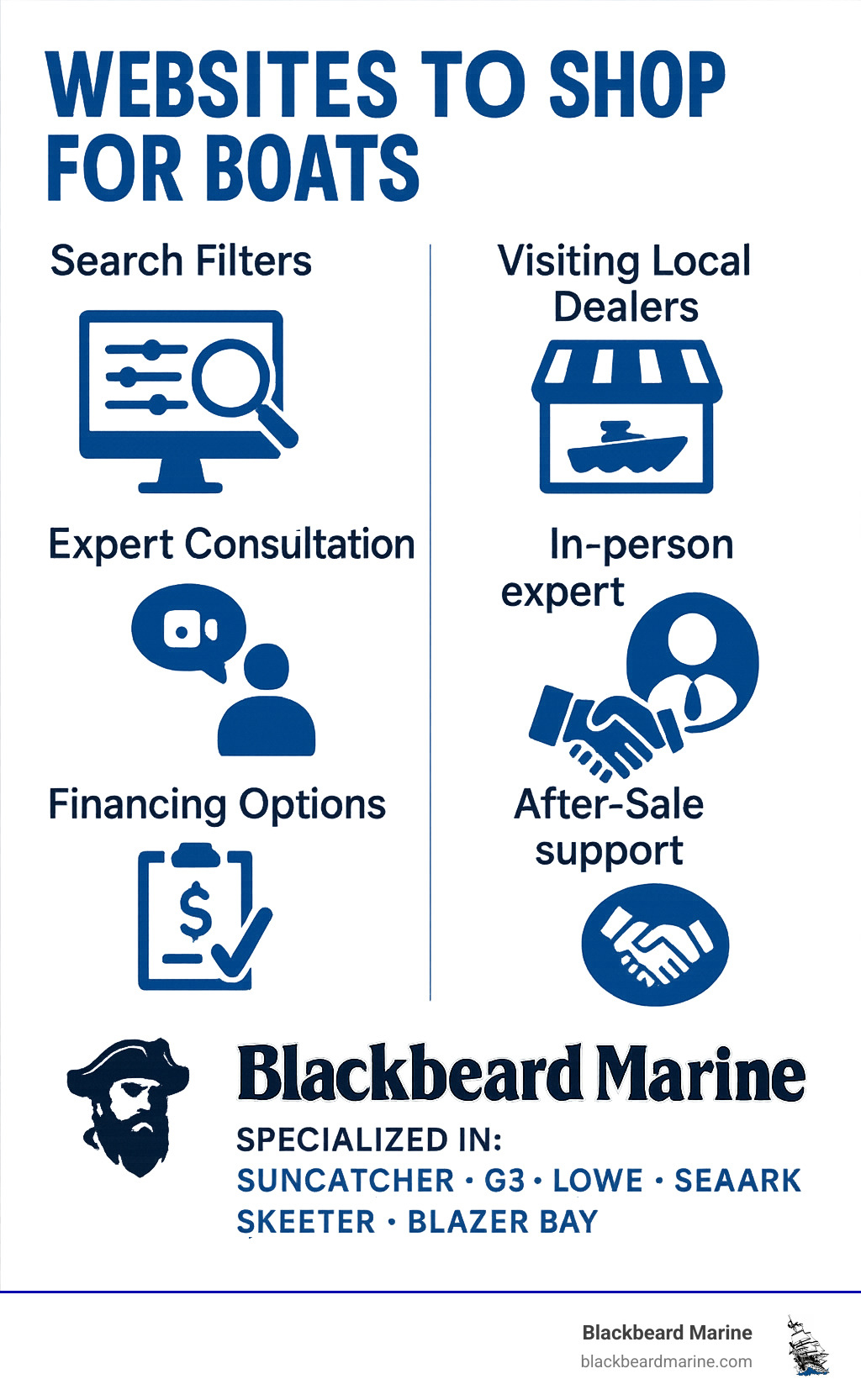 Comprehensive infographic showing the benefits of online boat shopping versus visiting local dealers, featuring search filters, inventory browsing, expert consultation, financing options, and after-sale support, with Blackbeard Marine's logo and specialization in Suncatcher, G3, Lowe, Seaark, Skeeter, and Blazer Bay boats - Websites to shop for boats infographic 