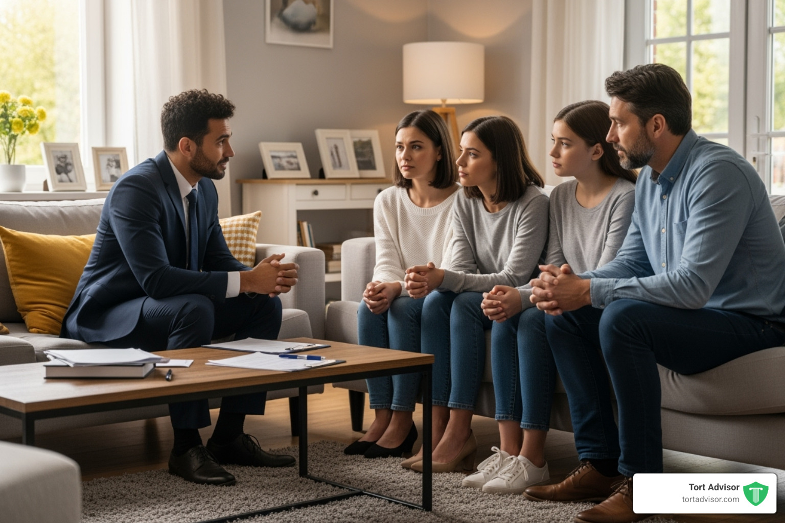 A lawyer meeting with a family at their home, discussing their catastrophic injury case with empathy and understanding - catastrophic injury lawyer near me