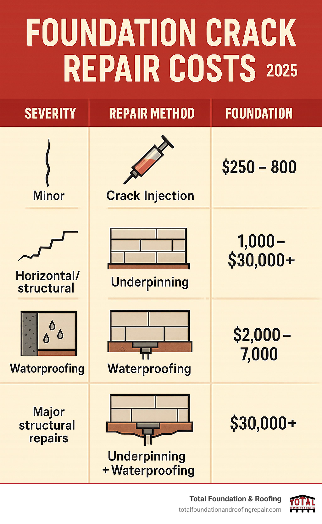 Detailed breakdown of foundation crack repair costs by severity level, repair method, and foundation type, showing cost ranges from $250 for minor cosmetic cracks to $30,000+ for major structural repairs including underpinning and waterproofing - foundation crack repair costs infographic 