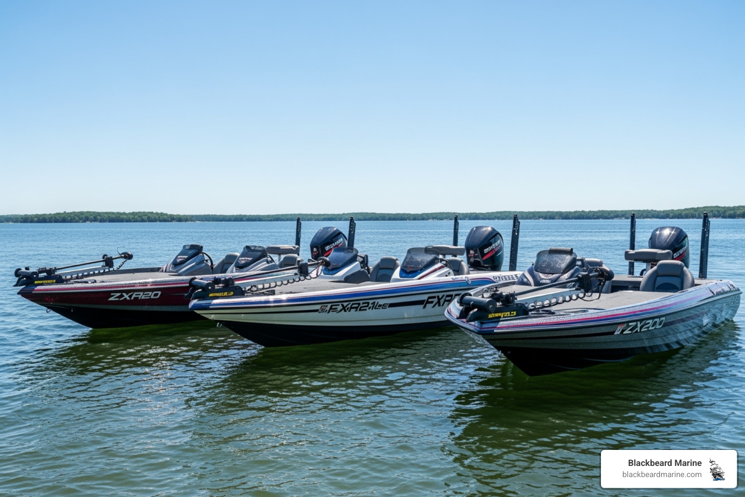 Three Skeeter bass boats, a ZXR20, FXR21LE, and ZX200, docked side-by-side on a sunny day - Skeeter Bass Boats For Sale