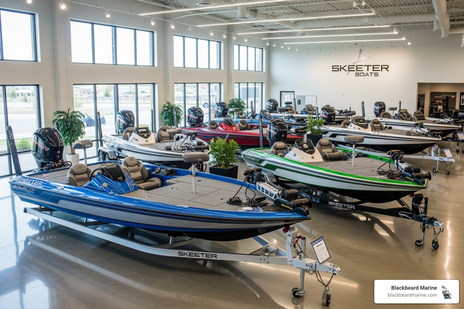 A bright, clean Skeeter dealership showroom with several new models on display