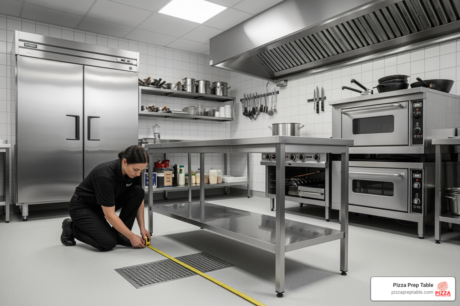 showing how to measure kitchen space for a prep table - stainless steel pizza prep table