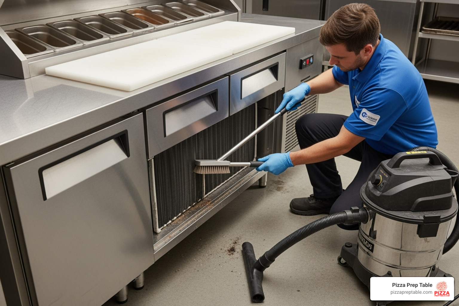 of a technician cleaning condenser coils on a prep table - stainless steel pizza prep table