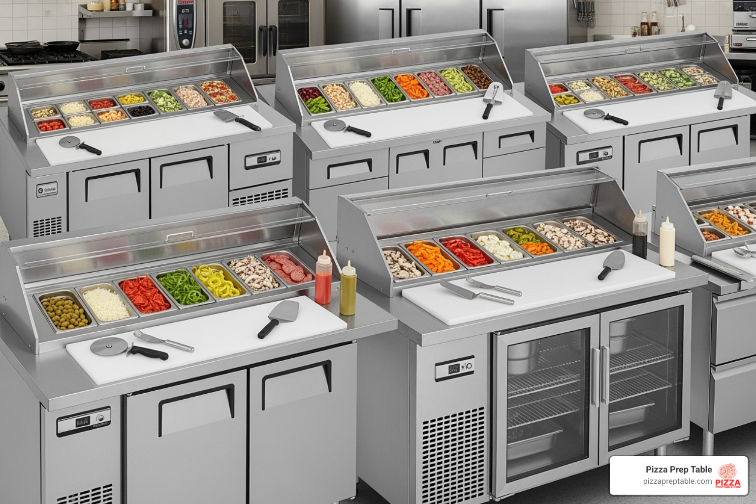 of a lineup of different pizza prep table brands - stainless steel pizza prep table