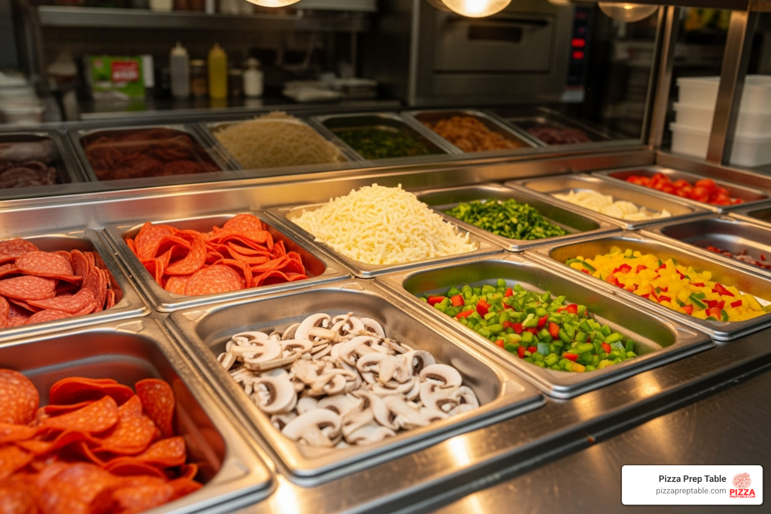 of a well-organized refrigerated topping rail - stainless steel pizza prep table