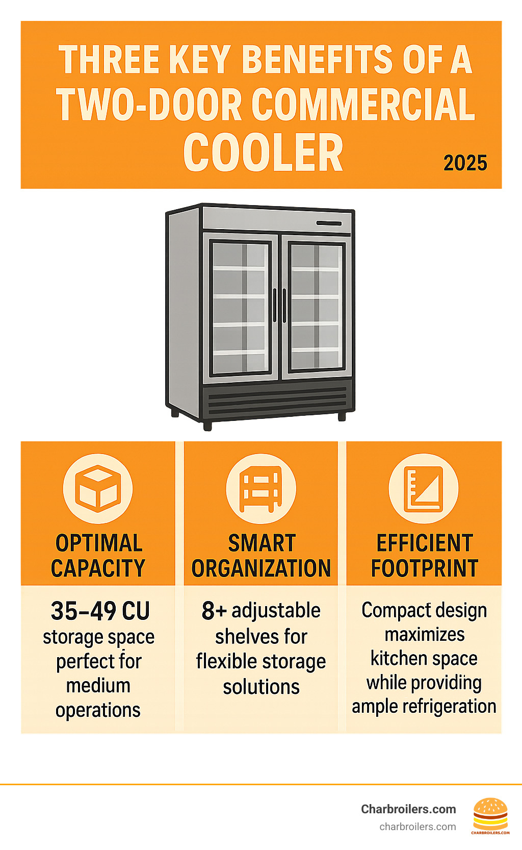 Infographic showing the three key benefits of a two-door commercial cooler: Optimal Capacity (35-49 Cu Ft storage space perfect for medium operations), Smart Organization (8+ adjustable shelves for flexible storage solutions), and Efficient Footprint (compact design maximizes kitchen space while providing ample refrigeration) - 2 door cooler commercial infographic 