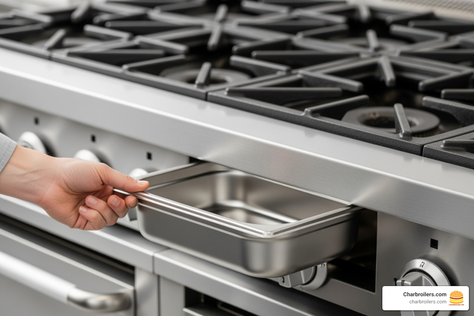 stainless steel crumb tray being easily removed for cleaning - commercial gas range with convection oven