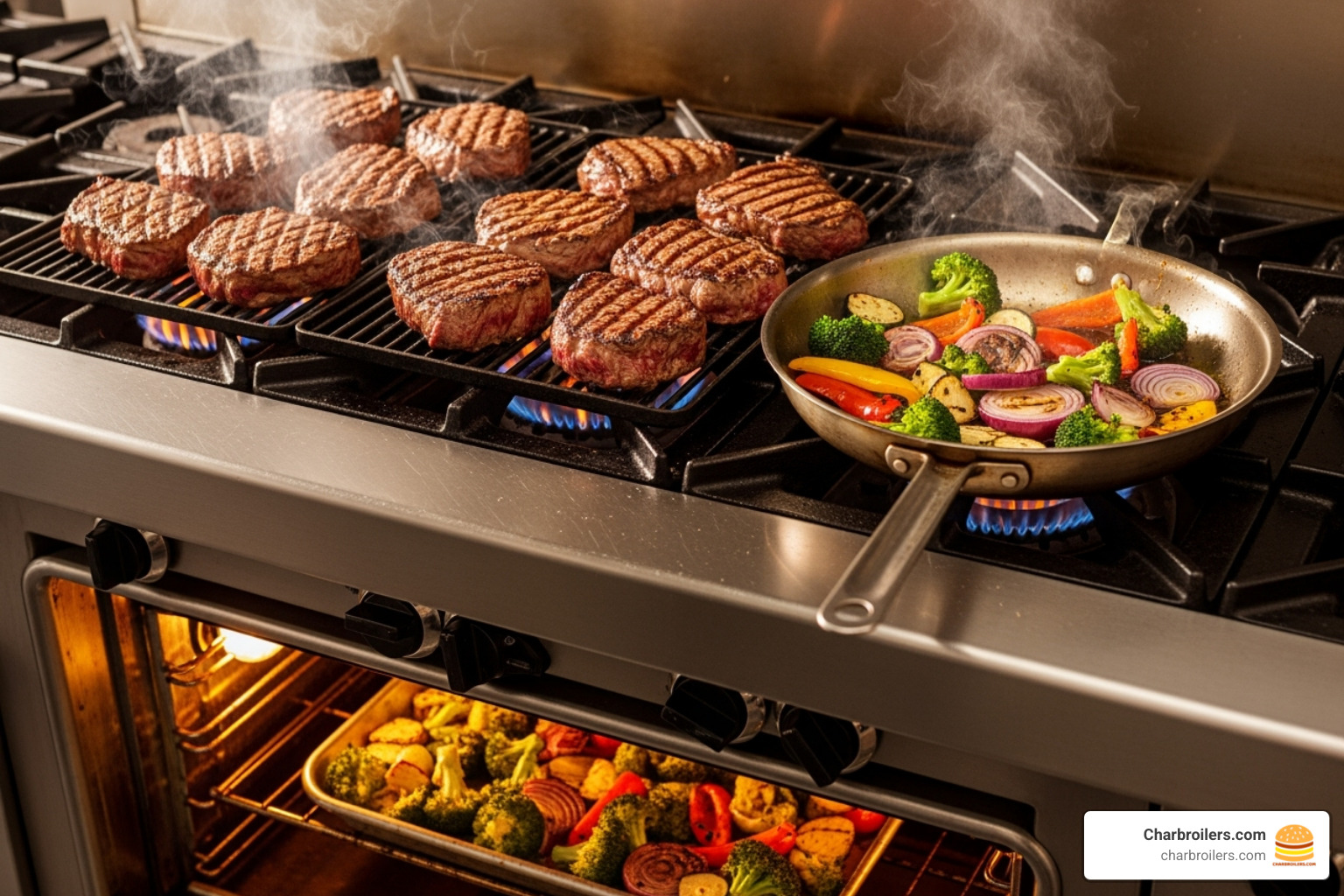 perfectly roasted vegetables and seared steaks on a commercial range - commercial gas range with convection oven