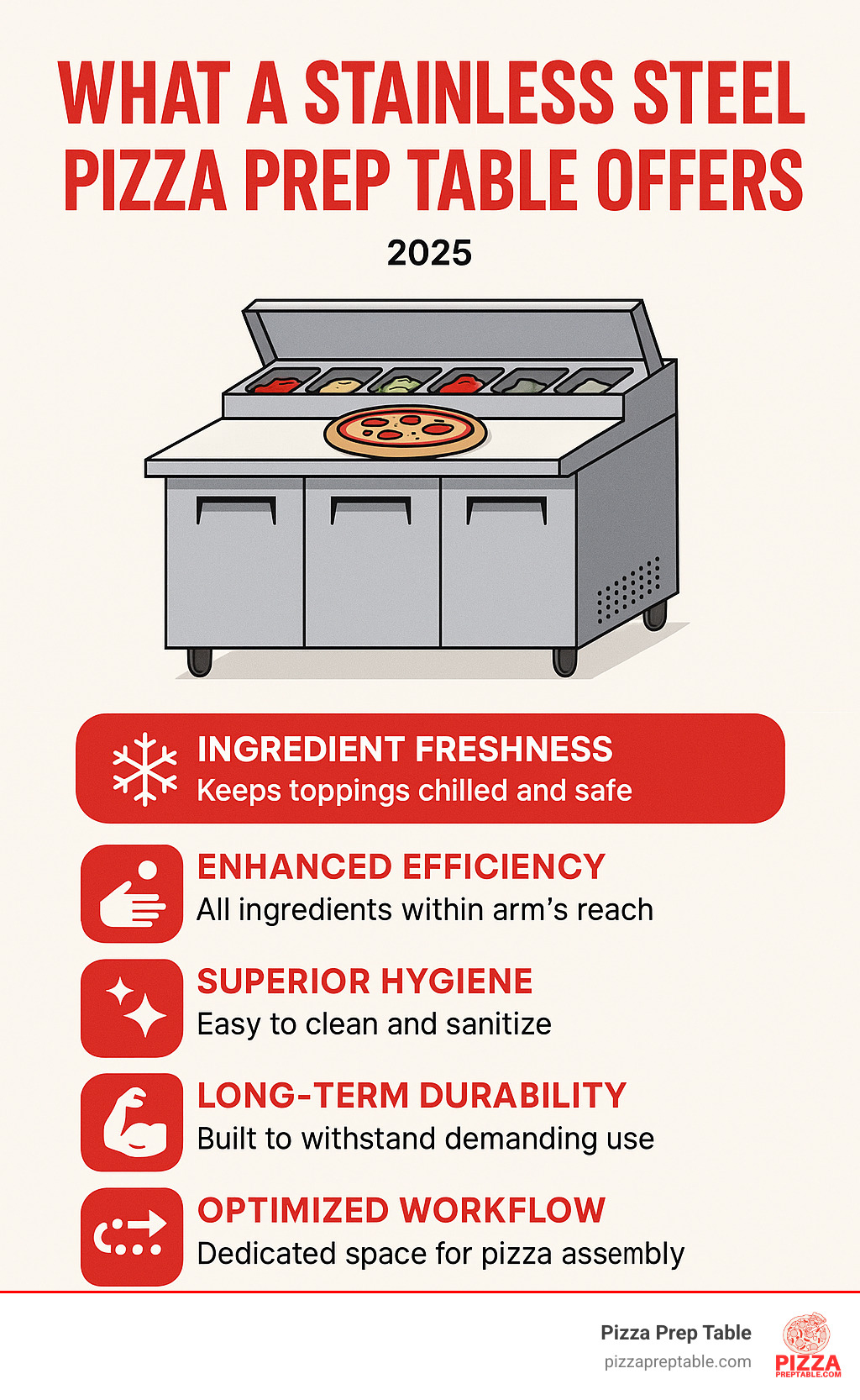 What a Stainless Steel Pizza Prep Table Offers - stainless steel pizza prep table infographic 