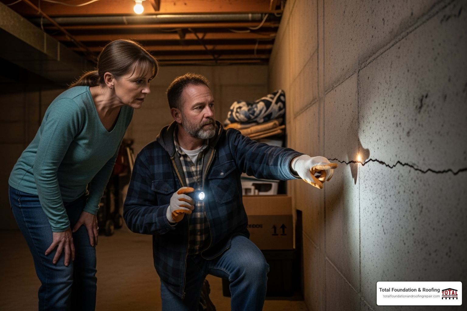 contractor inspecting a foundation crack with a homeowner - foundation repair contractors