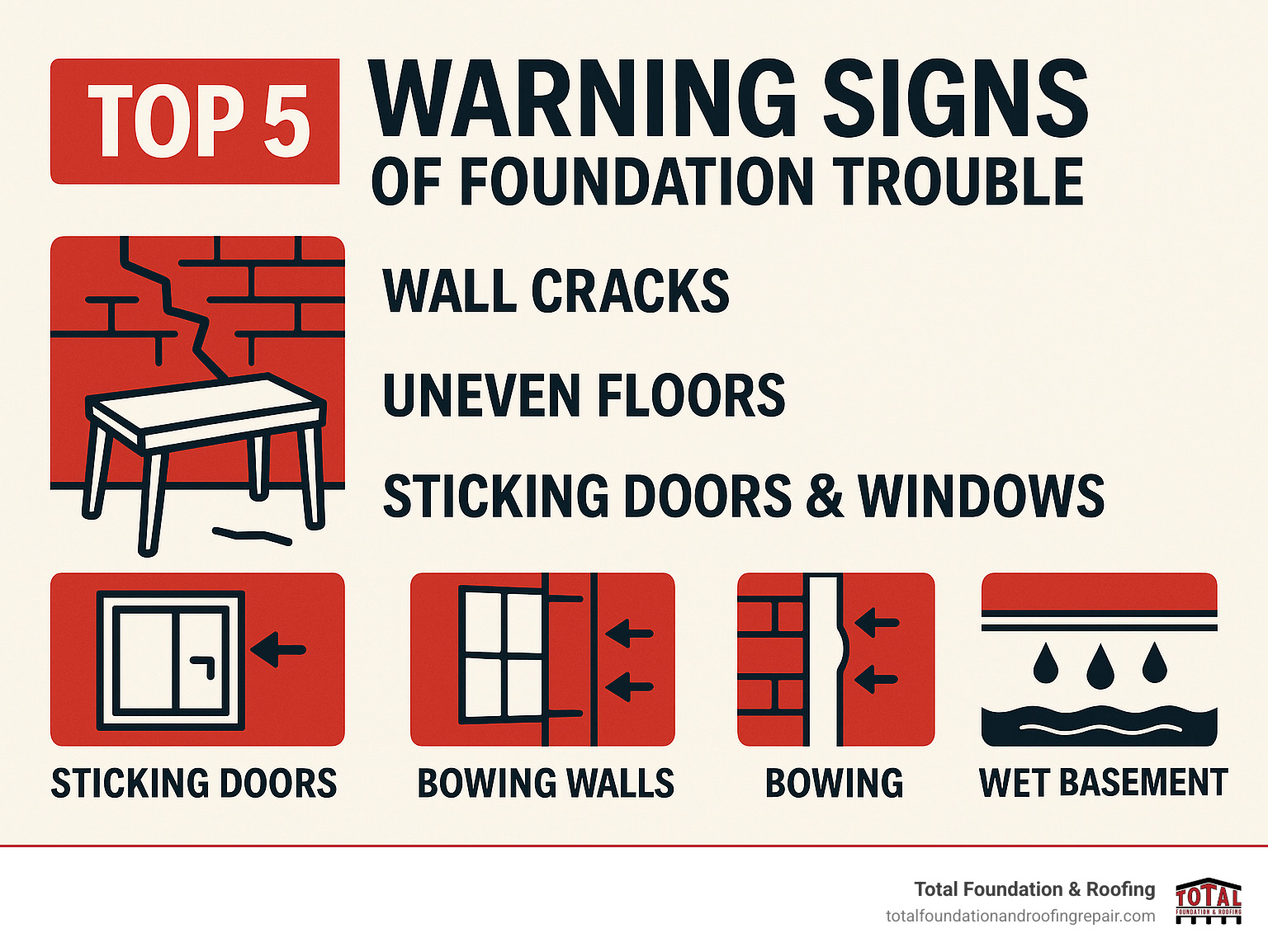 Infographic detailing the top 5 warning signs of foundation trouble including wall cracks, uneven floors, sticking doors and windows, bowing walls, and wet basements - foundation repair contractors infographic 