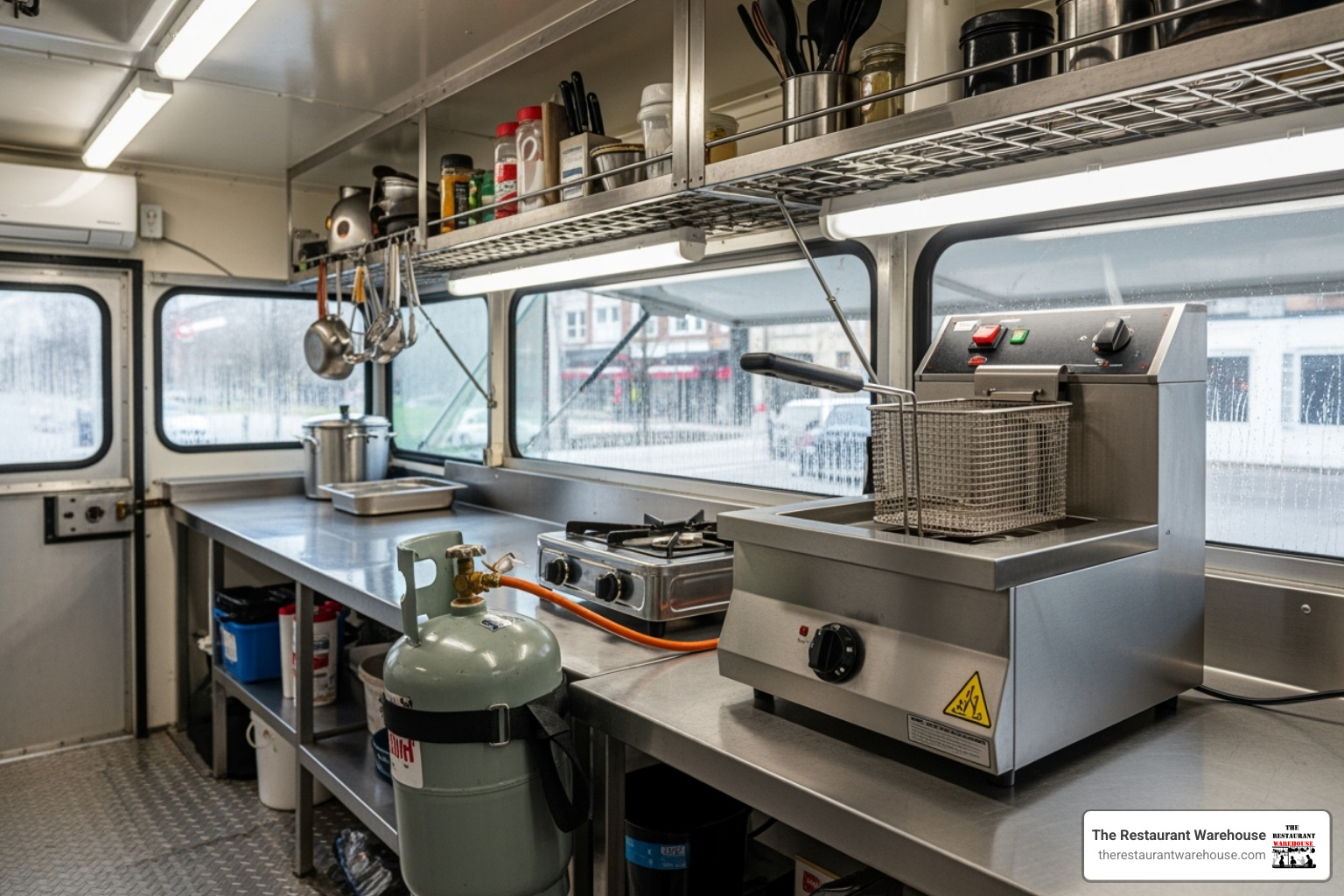 electric countertop fryer next to a propane tank setup - donut fryer for food truck