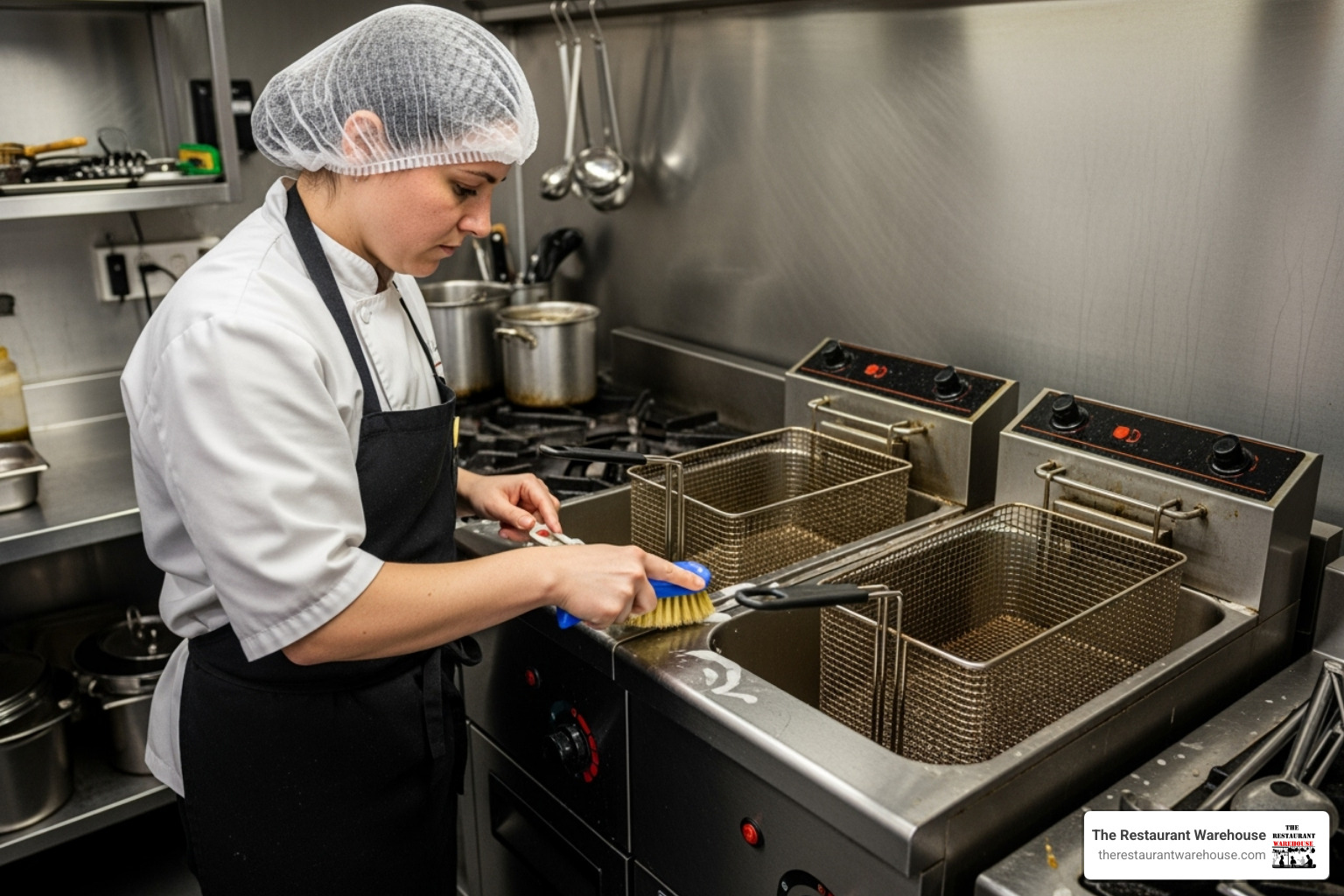 food truck operator cleaning a stainless steel fryer - donut fryer for food truck