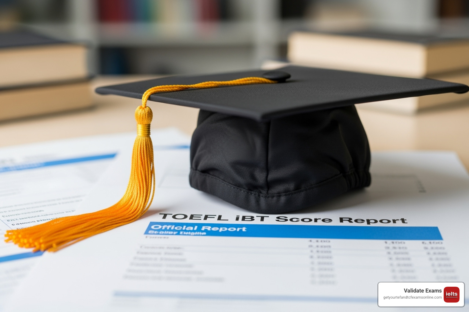 Graduation cap and a TOEFL score report - toefl ibt practise test online free