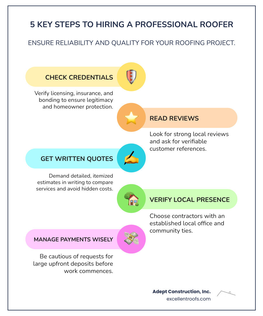 Infographic showing 5 key steps to hiring a professional roofer: 1. Initial Assessment, 2. Contractor Vetting, 3. Detailed Quote Review, 4. Project Commencement, 5. Final Inspection and Payment - professional roofers near me infographic infographic-line-5-steps-colors Infographic showing 5 key steps to hiring a professional roofer: 1. Initial Assessment, 2. Contractor Vetting, 3. Detailed Quote Review, 4. Project Commencement, 5. Final Inspection and Payment - professional roofers near me infographic infographic-line-5-steps-colors
