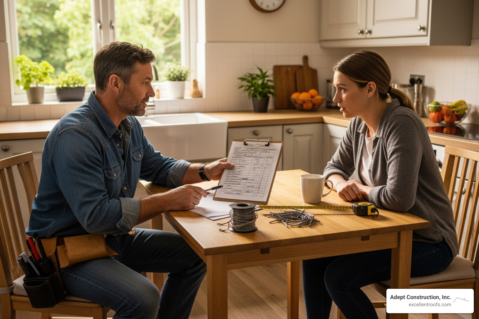 roofer providing a written estimate to a homeowner - professional roofers near me roofer providing a written estimate to a homeowner - professional roofers near me