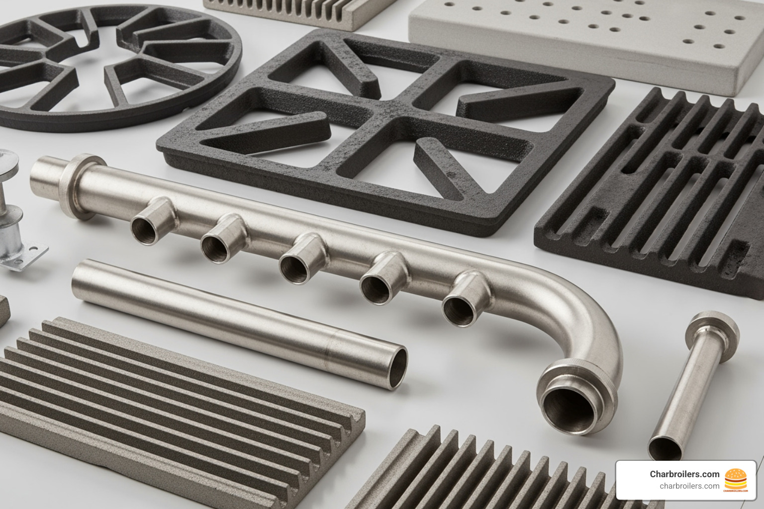 various commercial charbroiler parts like grates, burners, and radiants displayed together - commercial charbroiler parts