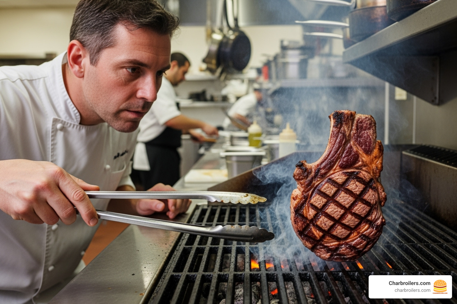 Chef inspecting a perfectly grilled steak with char marks on a commercial charbroiler - commercial charbroiler parts