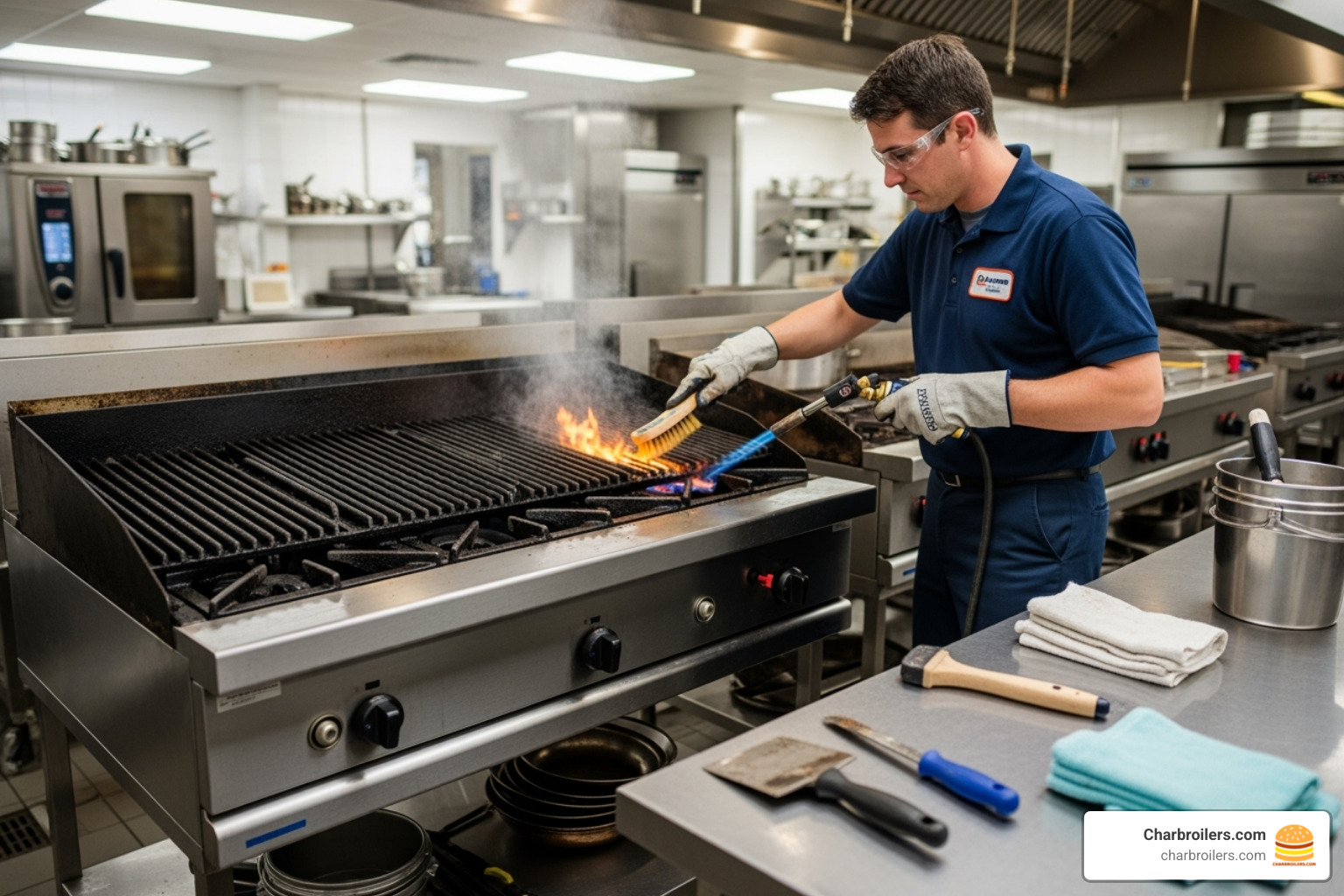 technician cleaning a commercial charbroiler's burners - commercial charbroiler parts