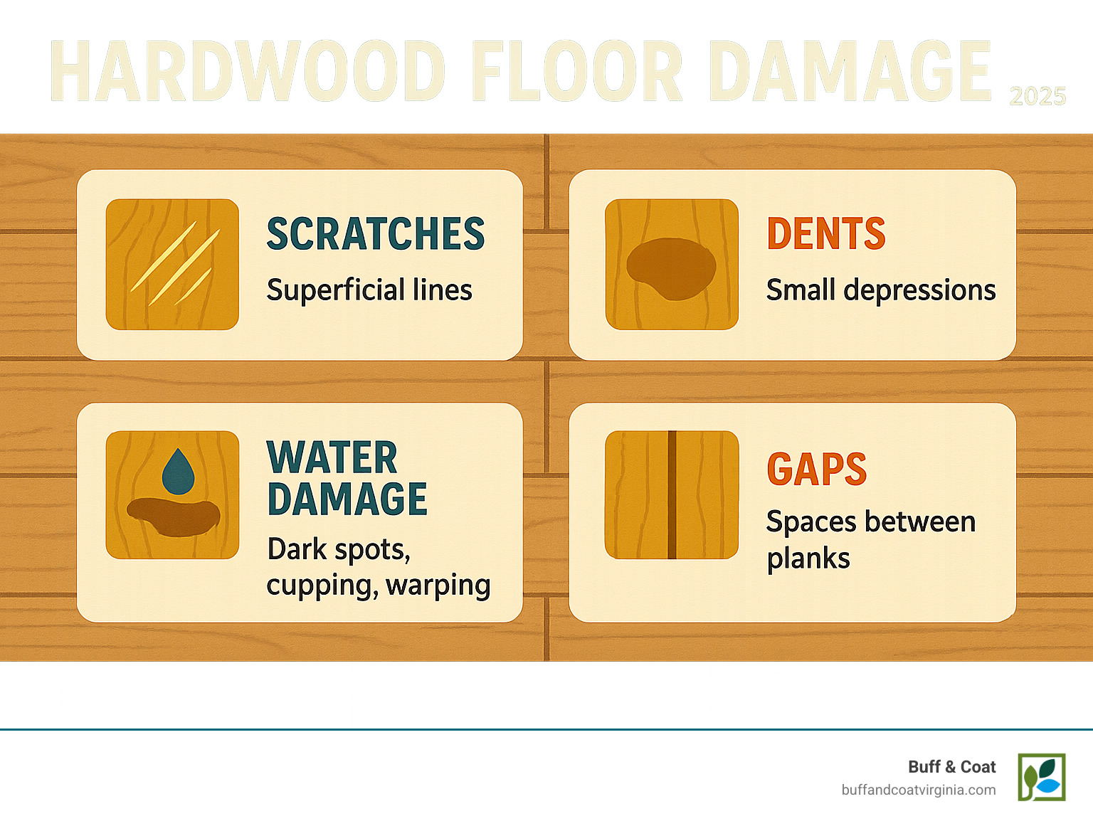 Infographic detailing common hardwood floor damage types: scratches (superficial lines), dents (small depressions), water damage (dark spots, cupping, warping), and gaps (spaces between planks due to moisture changes). Each type is visually represented with a simple icon and a brief description. - hardwood floor damage repair infographic Infographic detailing common hardwood floor damage types: scratches (superficial lines), dents (small depressions), water damage (dark spots, cupping, warping), and gaps (spaces between planks due to moisture changes). Each type is visually represented with a simple icon and a brief description. - hardwood floor damage repair infographic