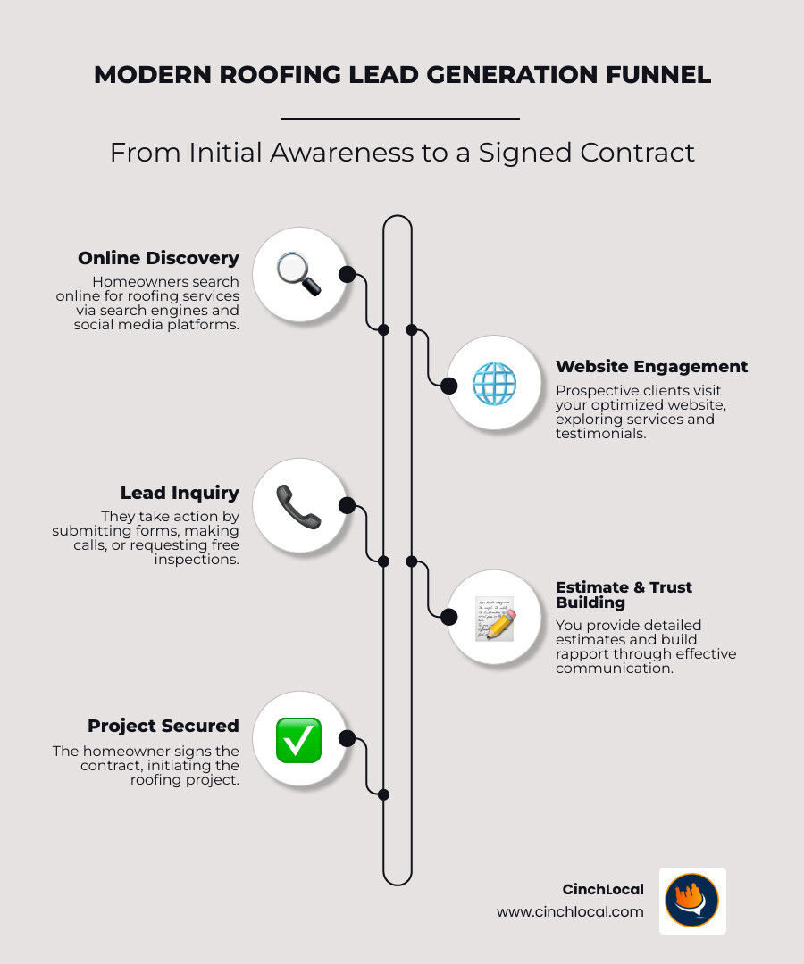 detailed infographic showing the modern roofing lead generation funnel from online search and social media awareness through website visits, form submissions, phone calls, estimates, and final contract signing - Roofing company lead generation infographic infographic-line-5-steps-neat_beige