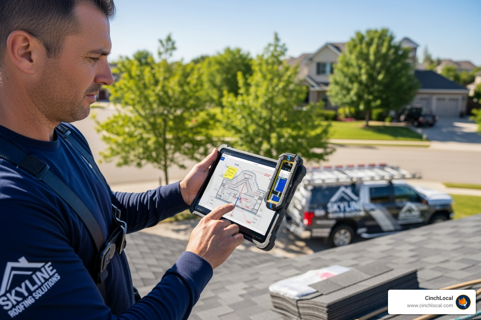 modern roofing contractor using tablet - Roofing company lead generation