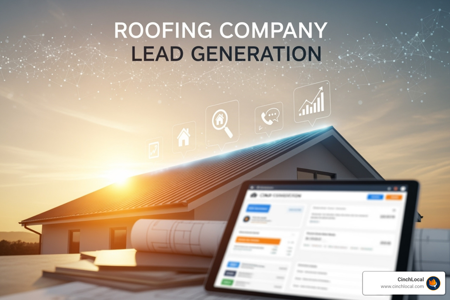 A roofing CRM dashboard on a laptop, showing lead pipeline and customer data in blue and orange - Roofing company lead generation