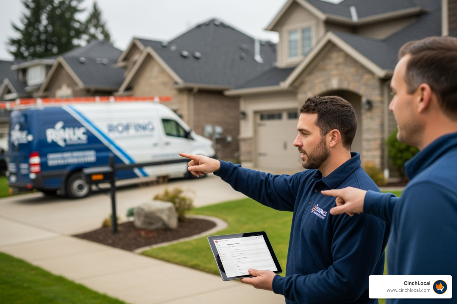 A high-converting roofing website on a desktop and mobile screen, showing clear calls-to-action and trust signals in blue and orange - Roofing company lead generation