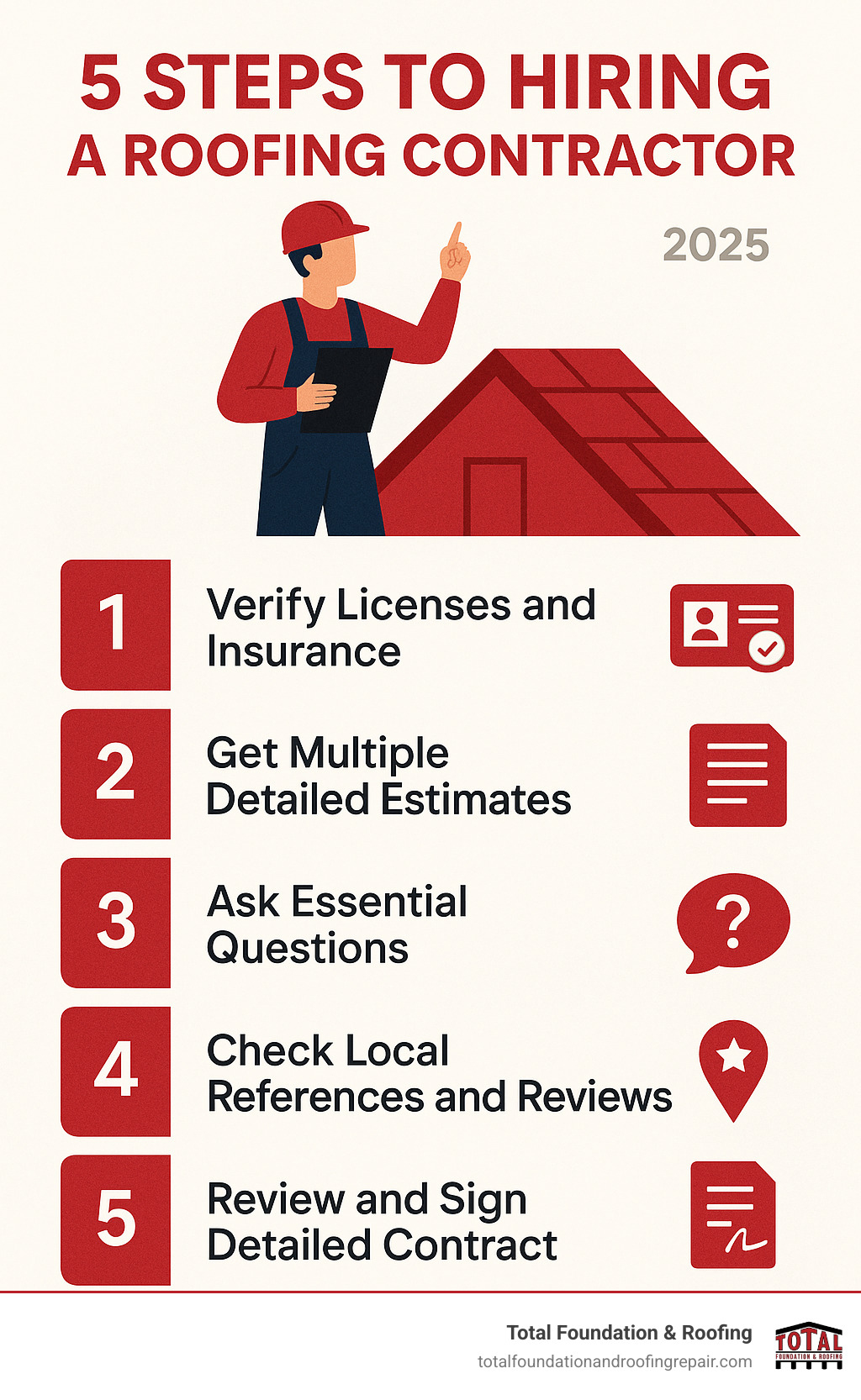 Infographic showing 5 key steps to hiring a roofing contractor: 1. Verify licenses and insurance, 2. Get multiple detailed estimates, 3. Ask essential questions about warranties and process, 4. Check local references and reviews, 5. Review and sign detailed contracts - roof repairing near me infographic Infographic showing 5 key steps to hiring a roofing contractor: 1. Verify licenses and insurance, 2. Get multiple detailed estimates, 3. Ask essential questions about warranties and process, 4. Check local references and reviews, 5. Review and sign detailed contracts - roof repairing near me infographic