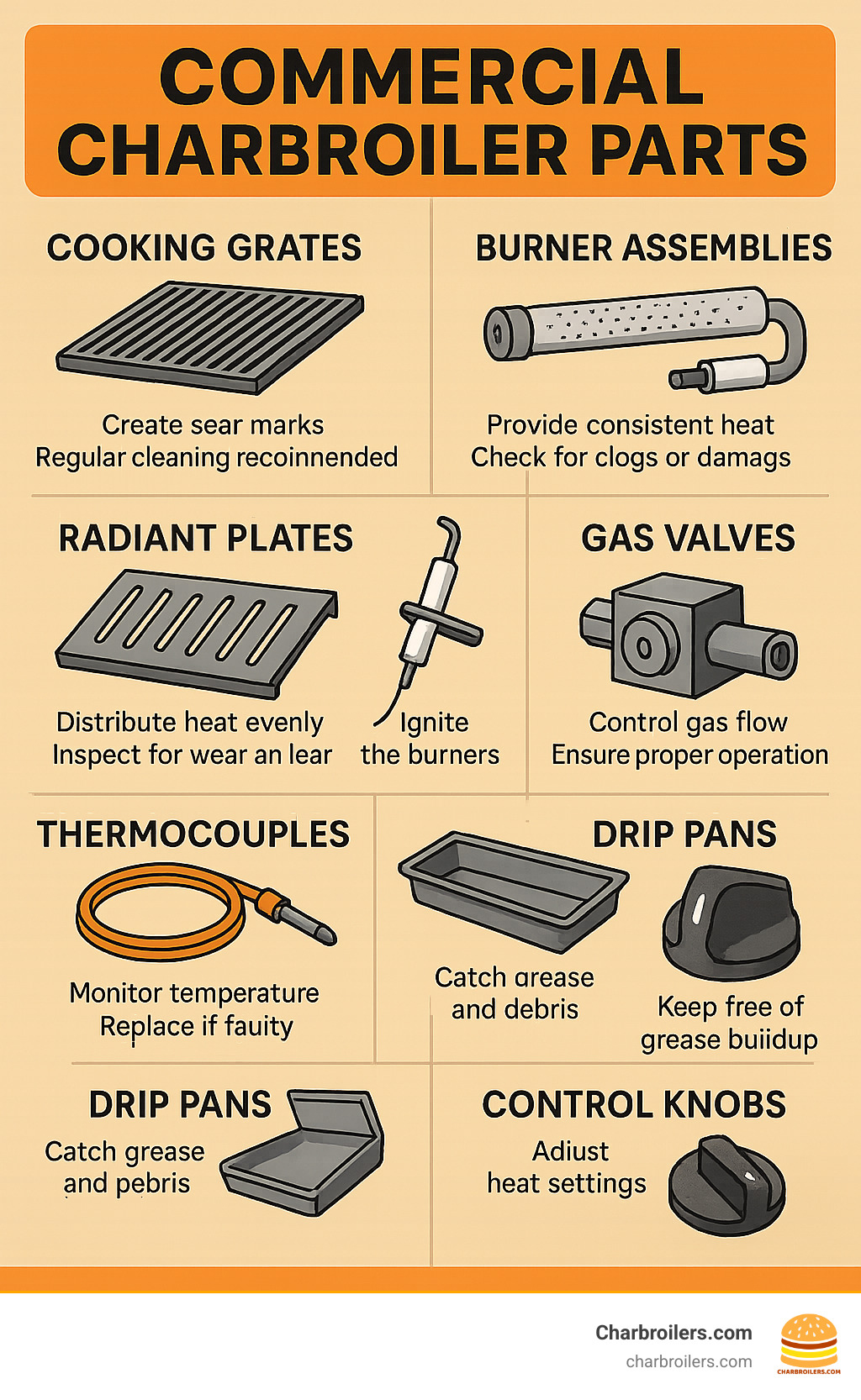 Detailed breakdown of commercial charbroiler components including cooking grates, burner assemblies, radiant plates, ignition systems, gas valves, thermocouples, drip pans, and control knobs with their specific functions and maintenance requirements - commercial charbroiler parts infographic 