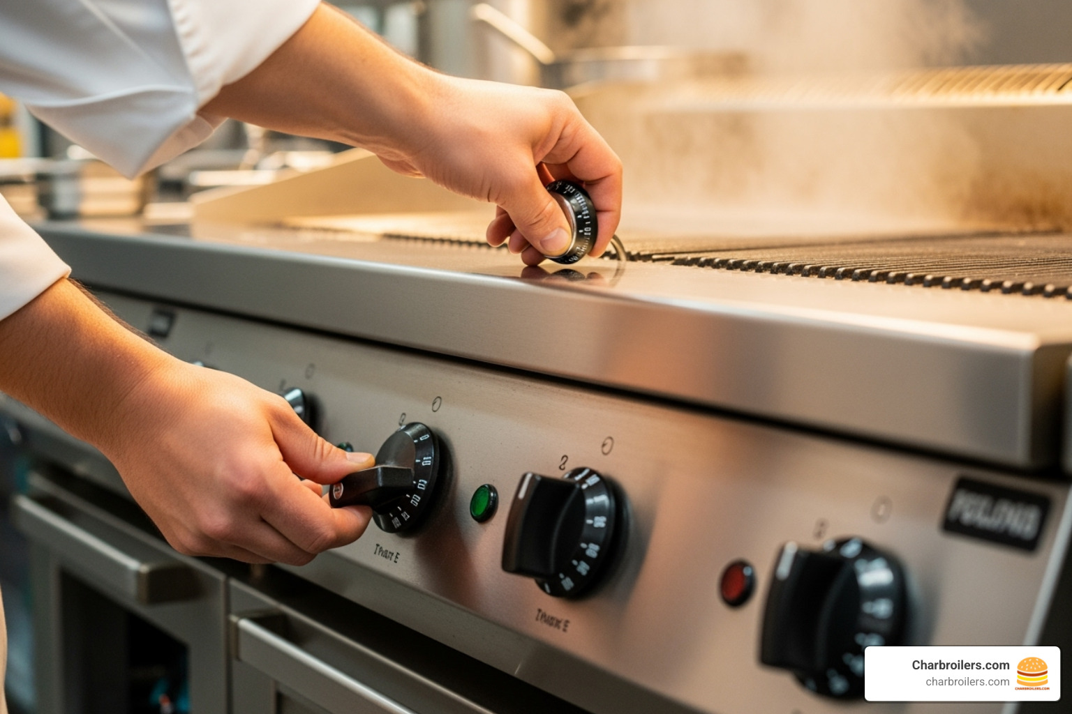 A chef adjusting the knobs on a large stainless steel griddle, highlighting the importance of control and precision - commercial flat top grill