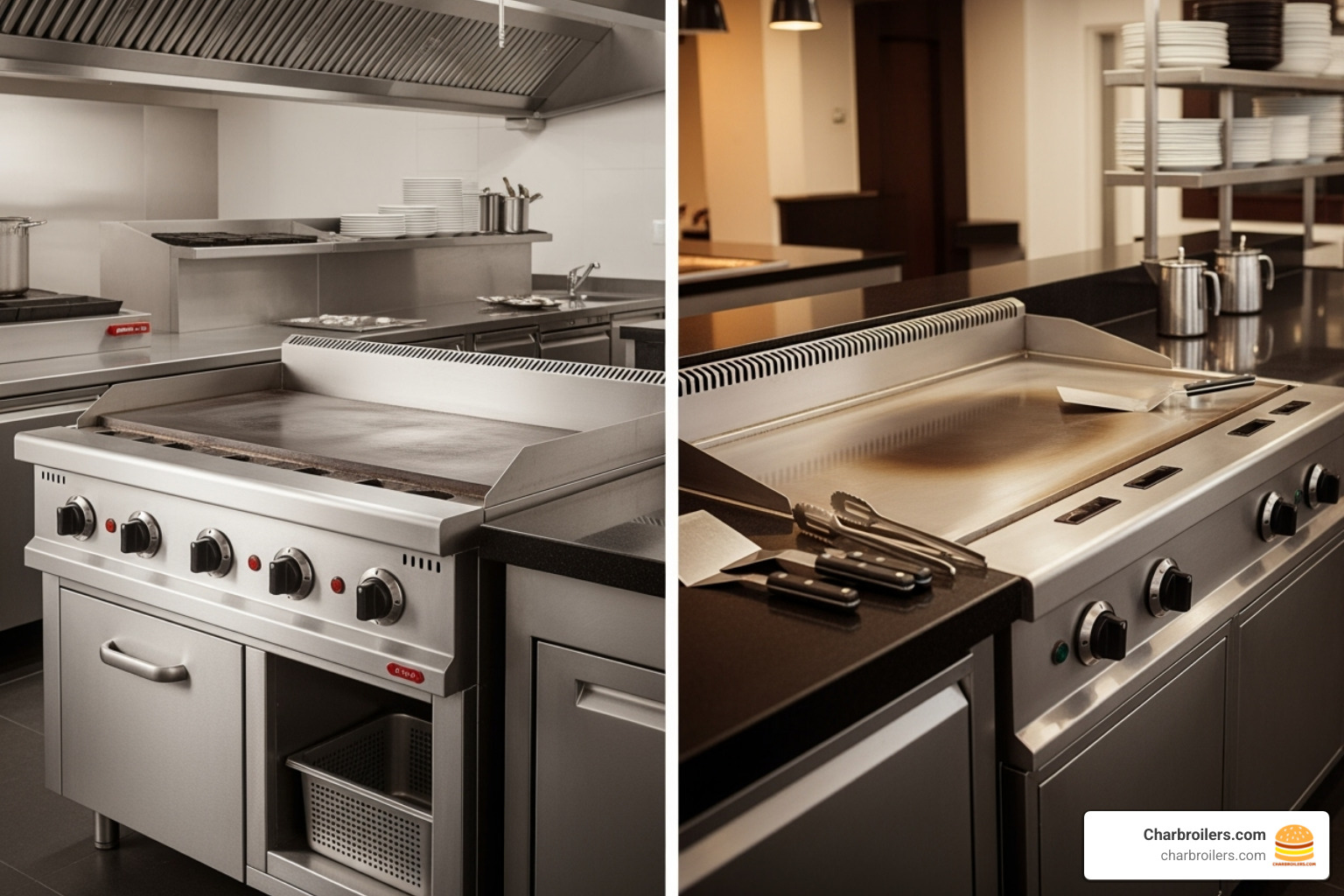 A countertop griddle next to a drop-in teppanyaki style griddle, illustrating different commercial flat top grill types - commercial flat top grill