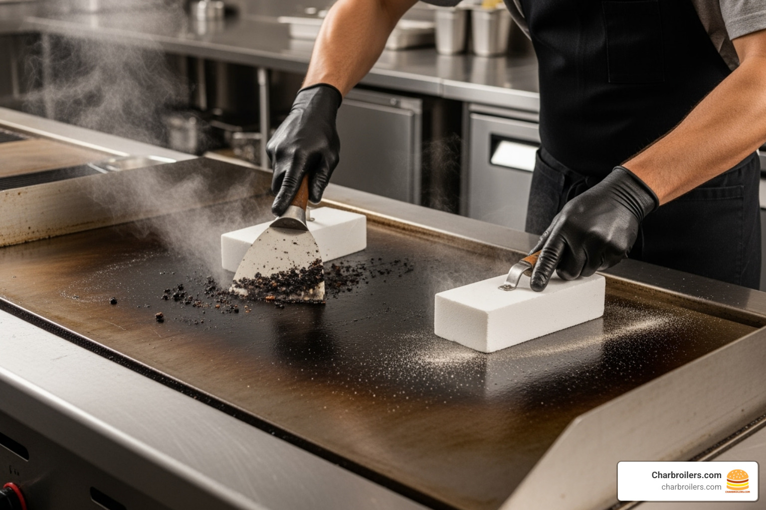 A person properly cleaning a steel griddle surface with a scraper and cleaning brick, emphasizing good maintenance practices - commercial flat top grill