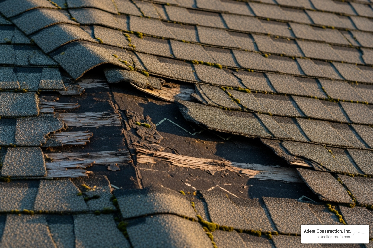 image of curling and missing asphalt shingles on an old roof - roof replacement Downers Grove