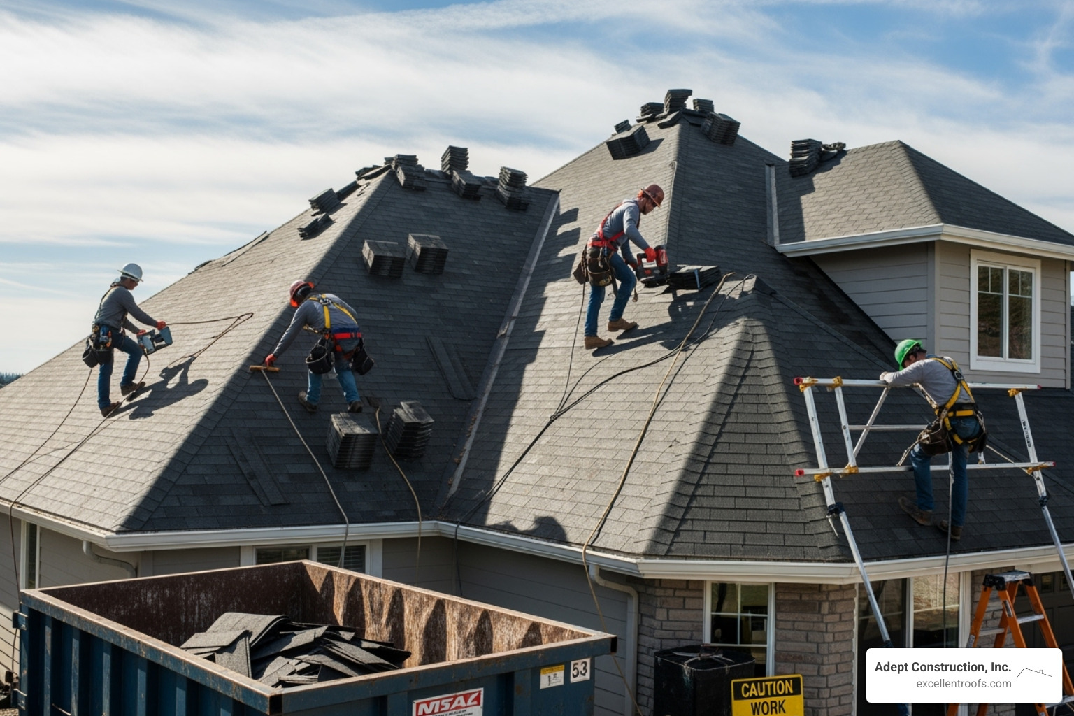 image of a roofing crew working safely on a residential roof - roof replacement Downers Grove