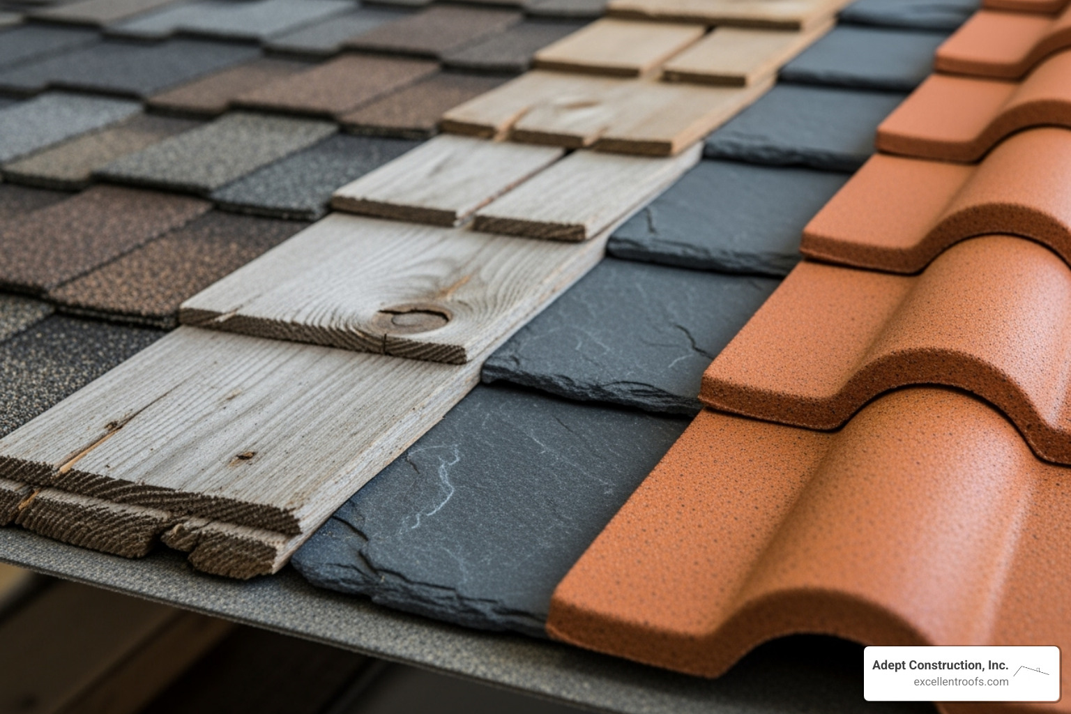 image of various roofing material samples like asphalt shingles, cedar shakes, and composite tiles - roof replacement Downers Grove