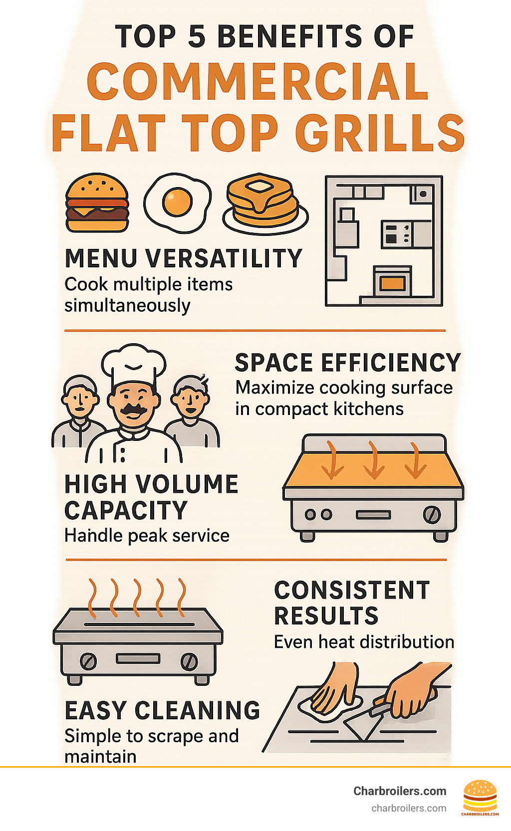 Infographic showing the top 5 benefits of commercial flat top grills including menu versatility with icons of different foods, space efficiency with kitchen layout diagram, high volume capacity with service rush illustration, consistent results with even heat distribution visual, and easy cleaning with maintenance steps - commercial flat top grill infographic 