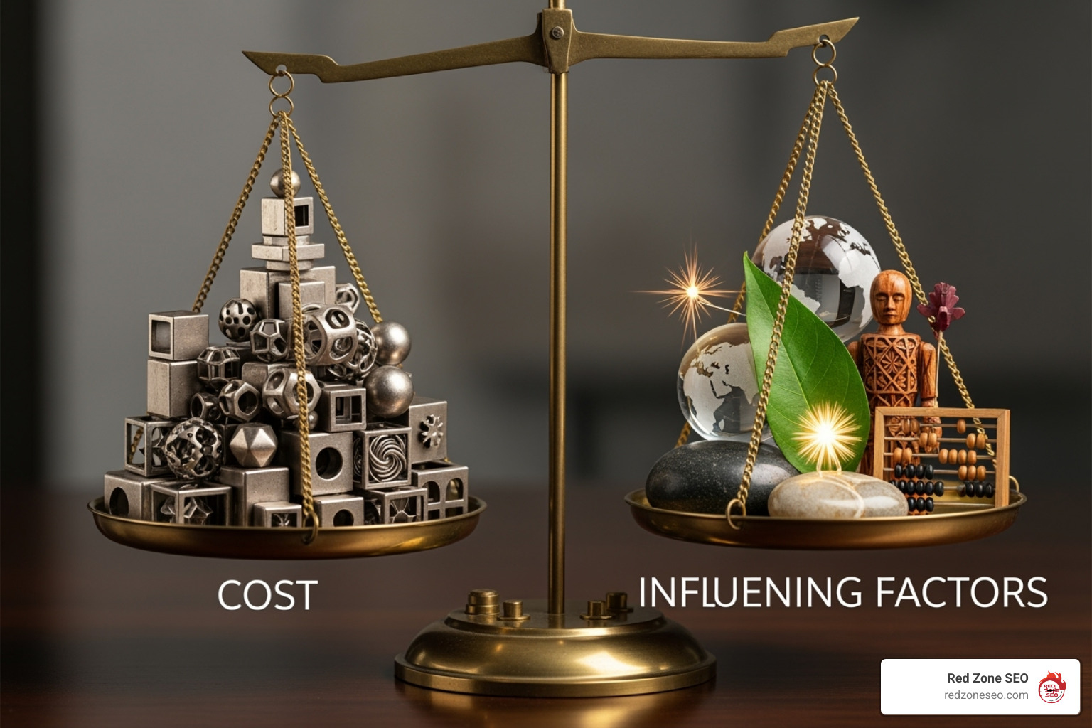 Scale balancing cost vs. influencing factors: business size, competition, goals, provider type, agency location, scope of work, urgency. - average cost of search engine optimization