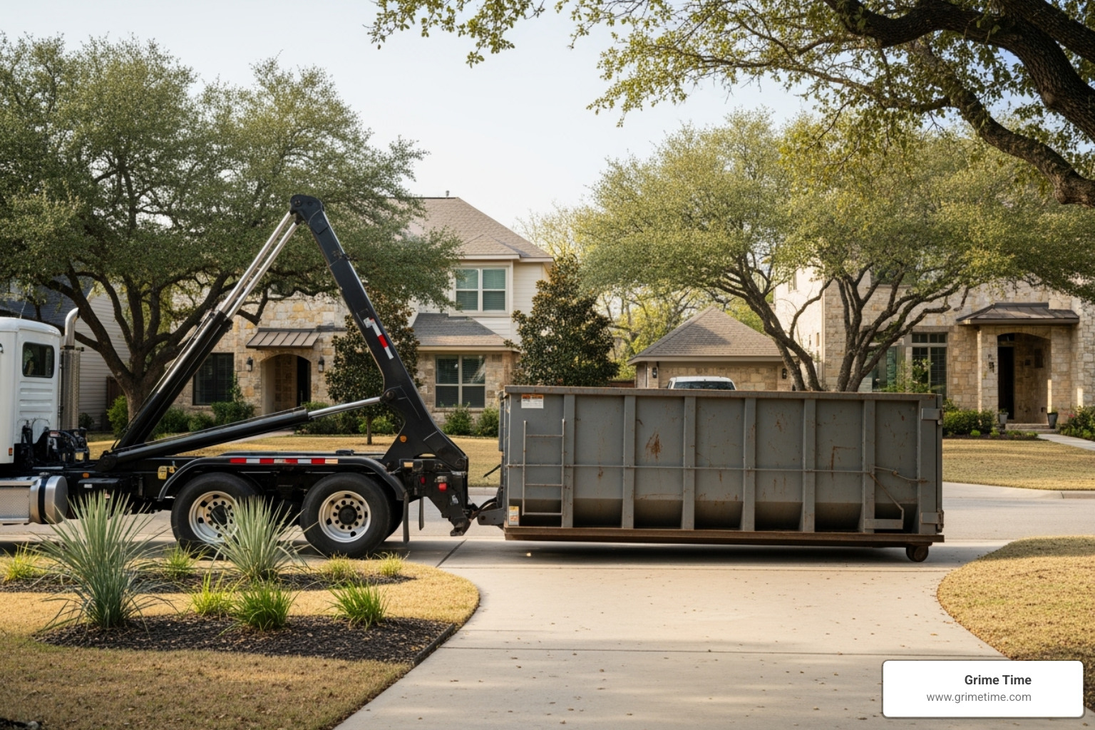 Image of a dumpster delivery truck safely placing a container in Austin - Roll-off dumpsters Austin
