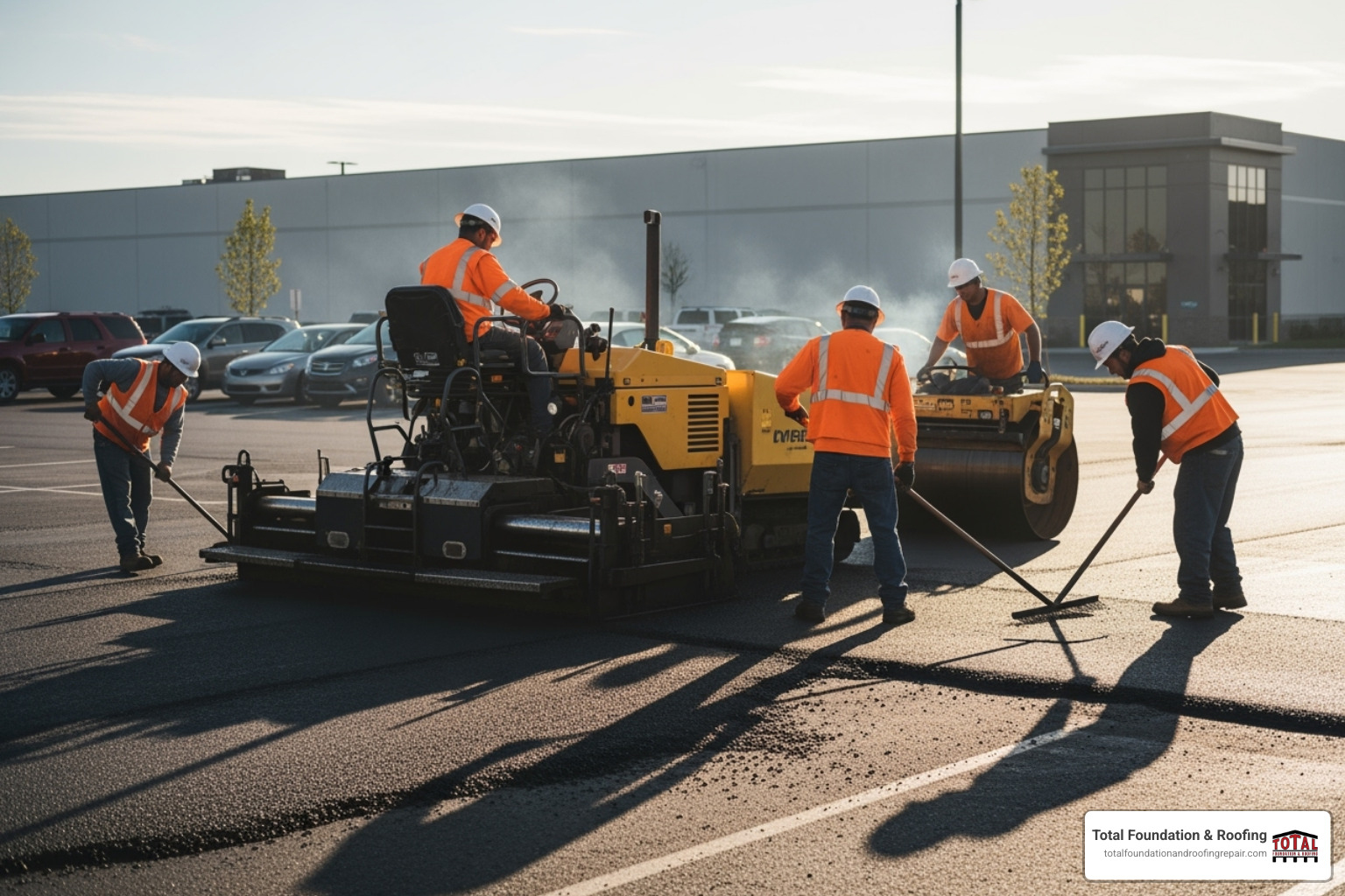 A highly professional paving crew in safety vests and hard hats, carefully laying down and compacting asphalt on a large commercial parking lot, with modern paving equipment visible - concrete and asphalt contractors near me