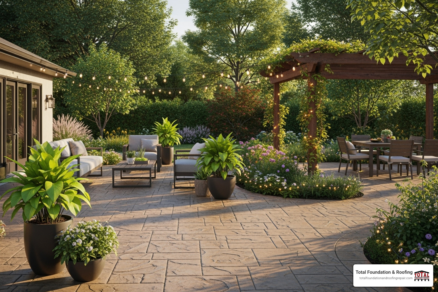 A beautiful, modern backyard patio made of decorative stamped concrete in a warm earth tone, surrounded by lush landscaping - concrete and asphalt contractors near me