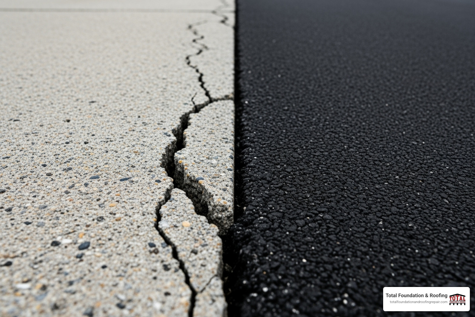A close-up image showing a severe crack in a concrete driveway on one side, and a smooth, flexible asphalt surface on the other side, illustrating the difference in material properties - concrete and asphalt contractors near me
