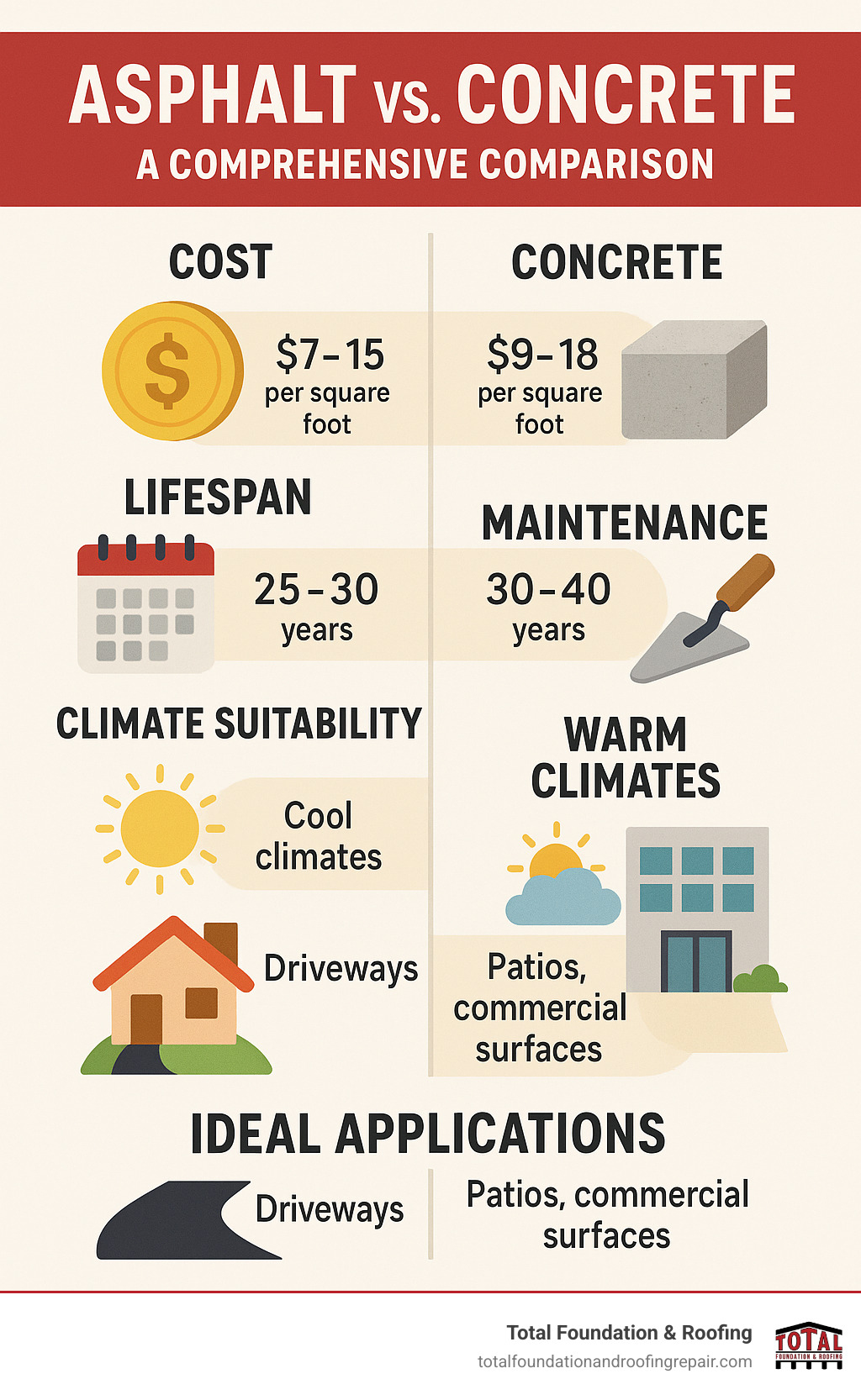 Comprehensive comparison chart showing asphalt vs concrete costs, lifespan, maintenance requirements, climate suitability, and ideal applications for driveways, patios, and commercial surfaces - concrete and asphalt contractors near me infographic 