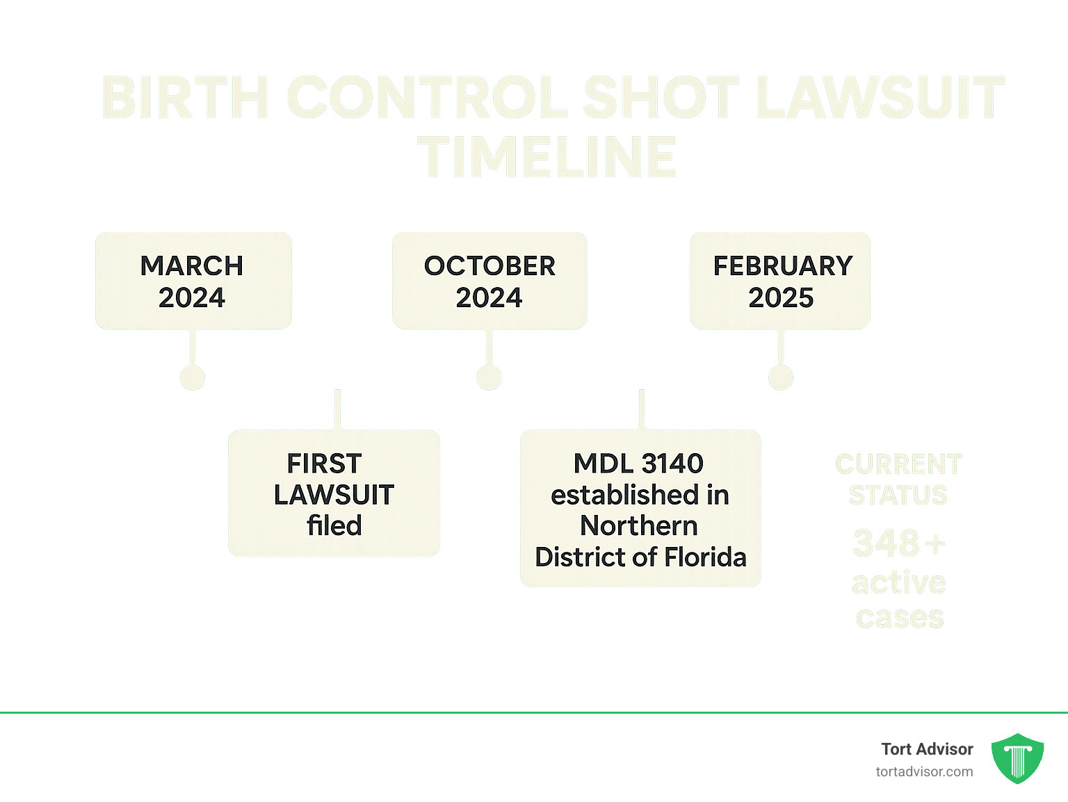 Infographic showing timeline from 2024 BMJ study publication to MDL formation, including key milestones: March 2024 BMJ study published showing 5.6x increased risk, October 2024 first lawsuit filed, February 2025 MDL 3140 established in Northern District of Florida, and current status with 348+ active cases - birth control shot lawsuit infographic 
