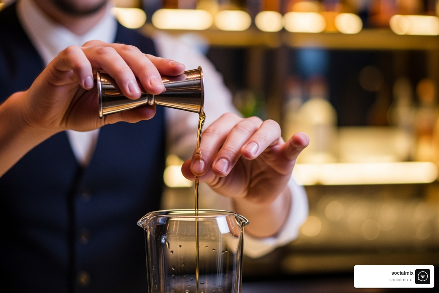 Bartender using a jigger to measure liquids, symbolizing precise selection of CC - sims 4 fashion cc