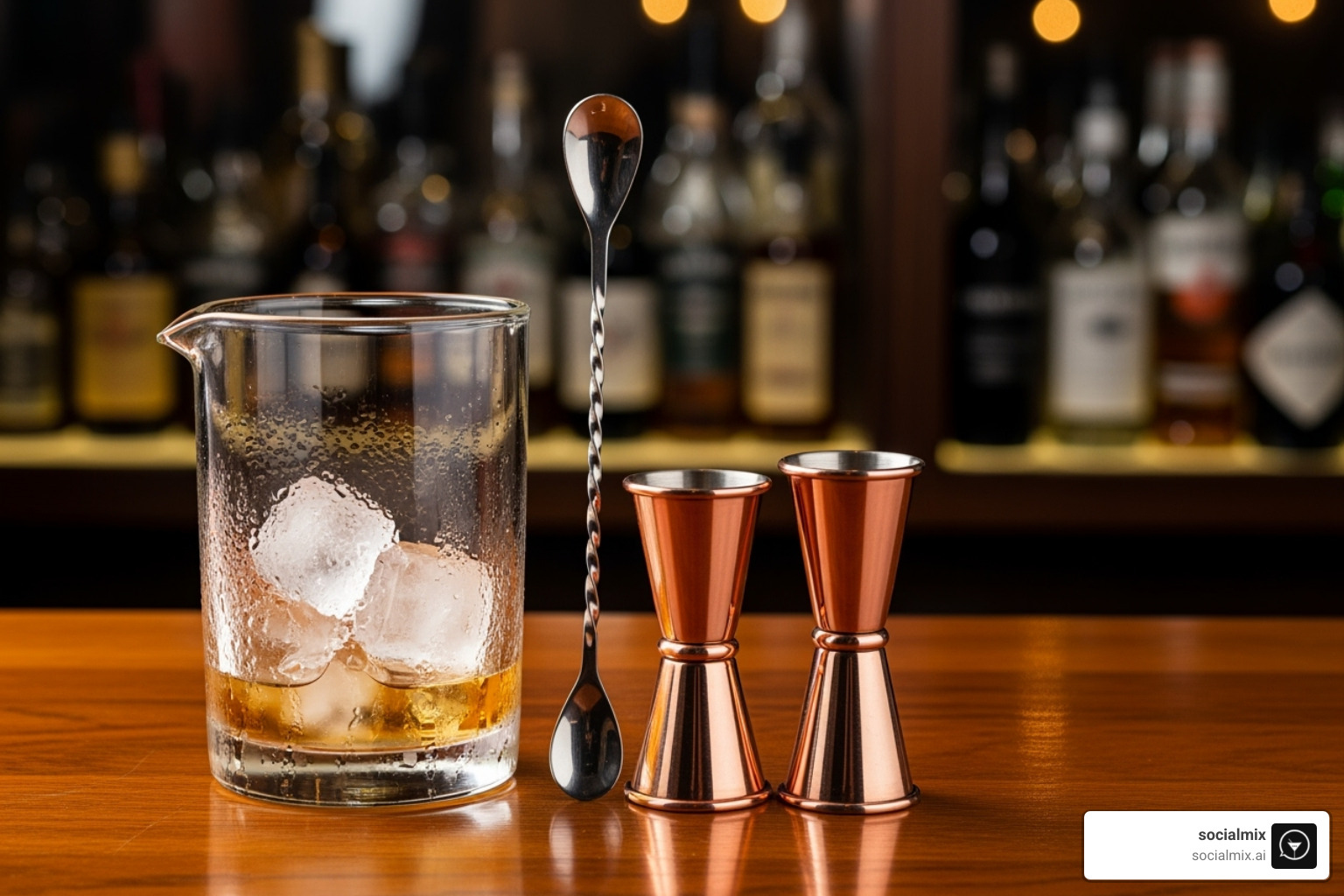 Bartender tool set featuring jigger, bar spoon, and mixing glass for crafting Old Fashioneds